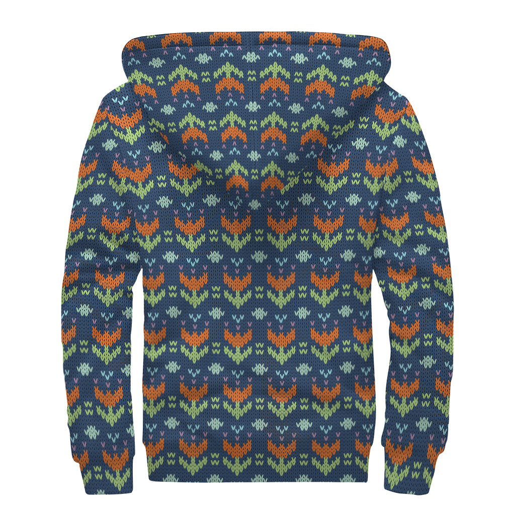 Flower Knitted Pattern Print Sherpa Lined Zip Up Hoodie