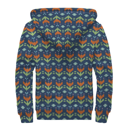 Flower Knitted Pattern Print Sherpa Lined Zip Up Hoodie