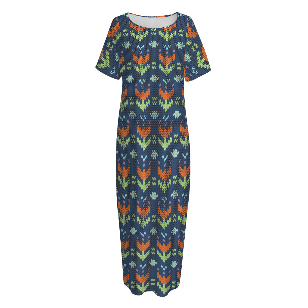 Flower Knitted Pattern Print Short Sleeve Long Nightdress
