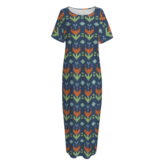 Flower Knitted Pattern Print Short Sleeve Long Nightdress