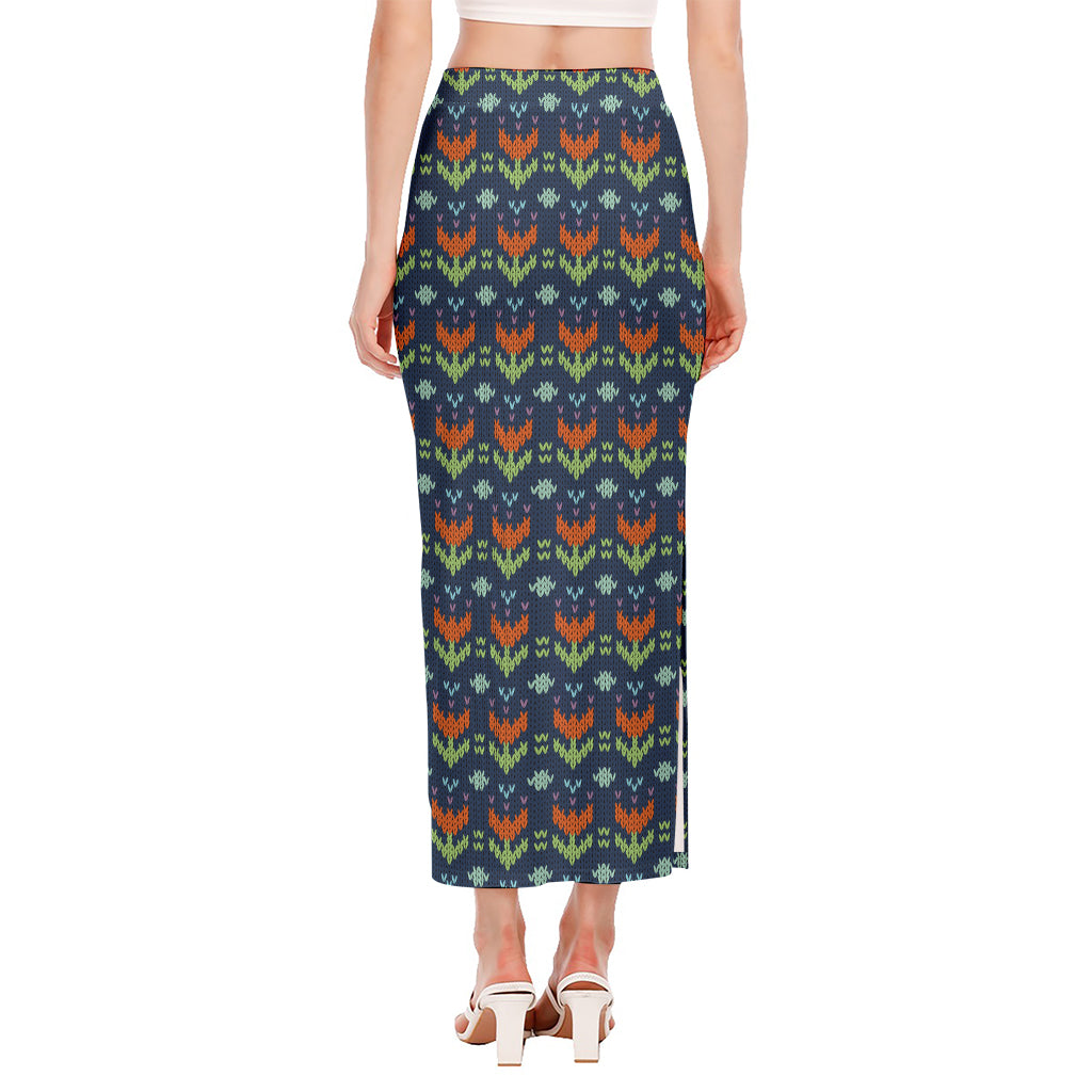 Flower Knitted Pattern Print Side Slit Maxi Skirt