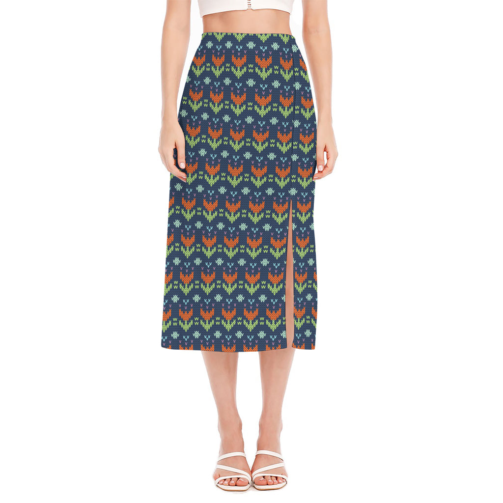 Flower Knitted Pattern Print Side Slit Midi Skirt
