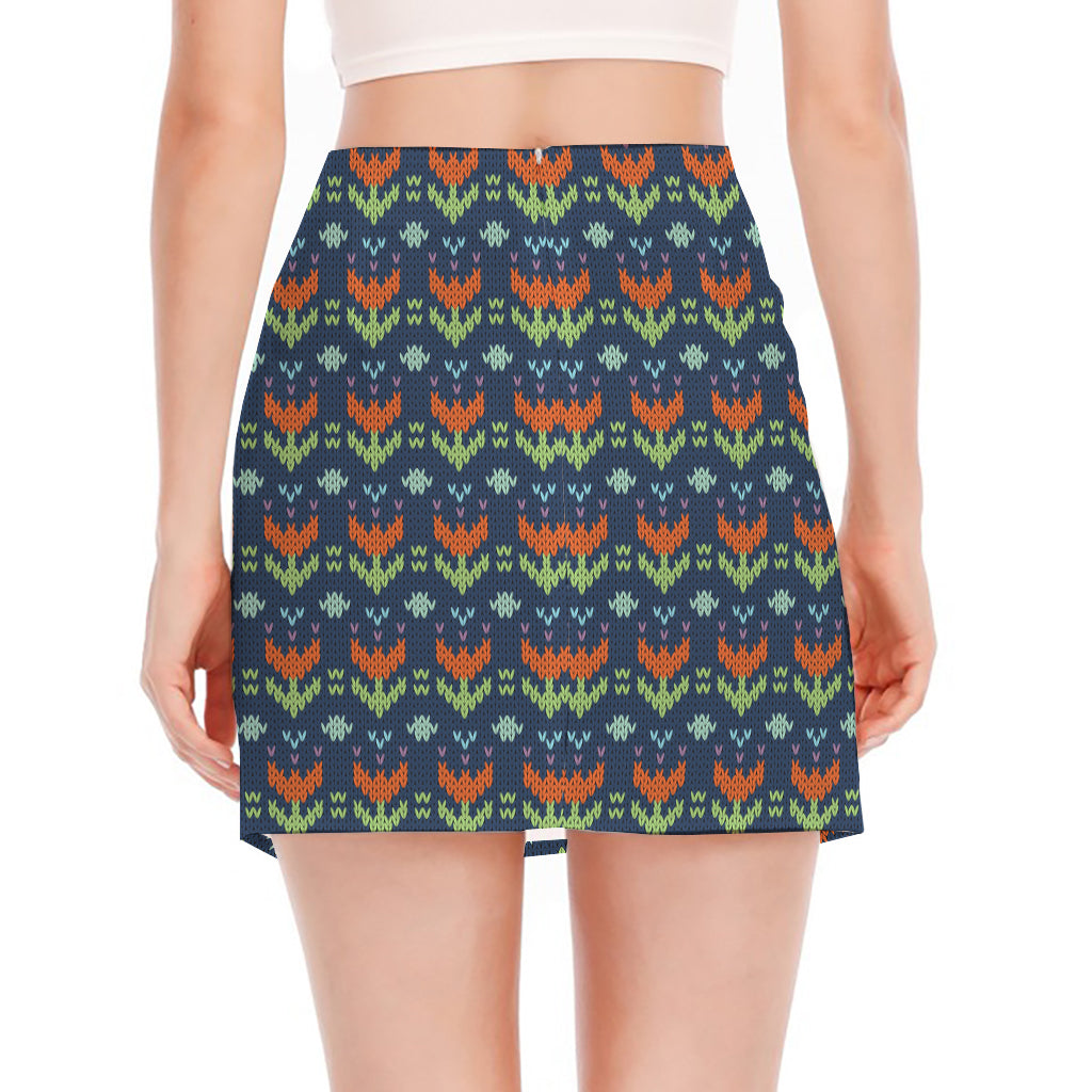 Flower Knitted Pattern Print Side Slit Mini Skirt