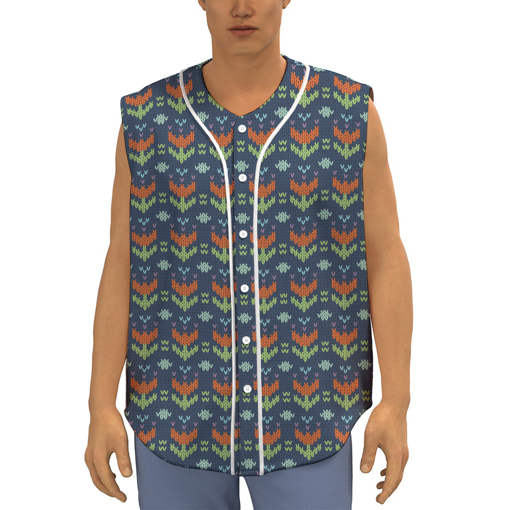 Flower Knitted Pattern Print Sleeveless Baseball Jersey