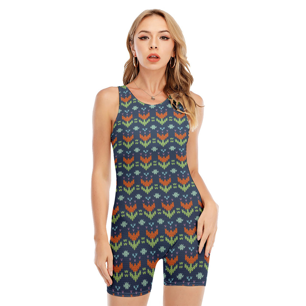Flower Knitted Pattern Print Sleeveless One Piece Swimsuit