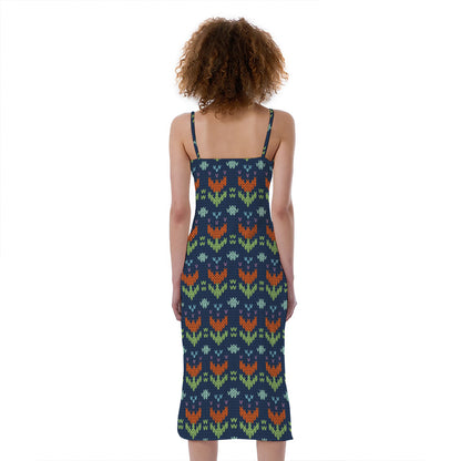 Flower Knitted Pattern Print Slim Fit Midi Cami Dress