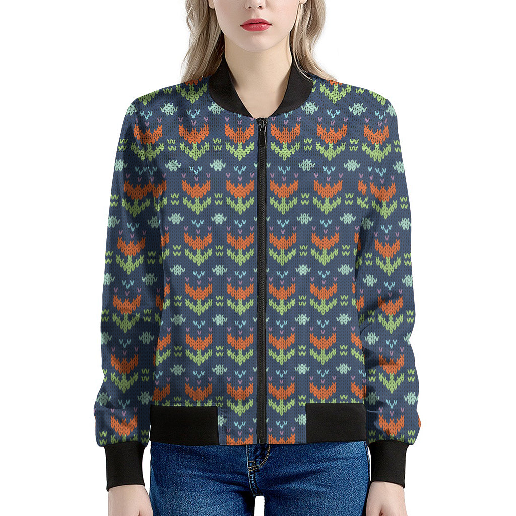 Flower Knitted Pattern Print Women's Bomber Jacket