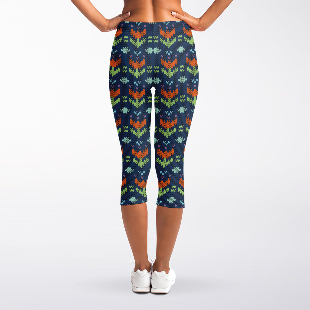 Flower Knitted Pattern Print Women's Capri Leggings