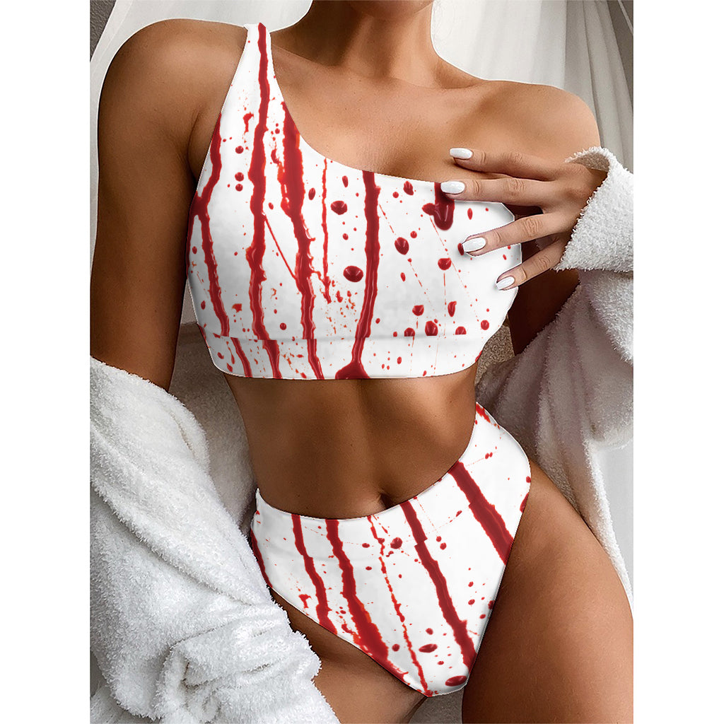 Flowing Red Blood Print One Shoulder Bikini Top