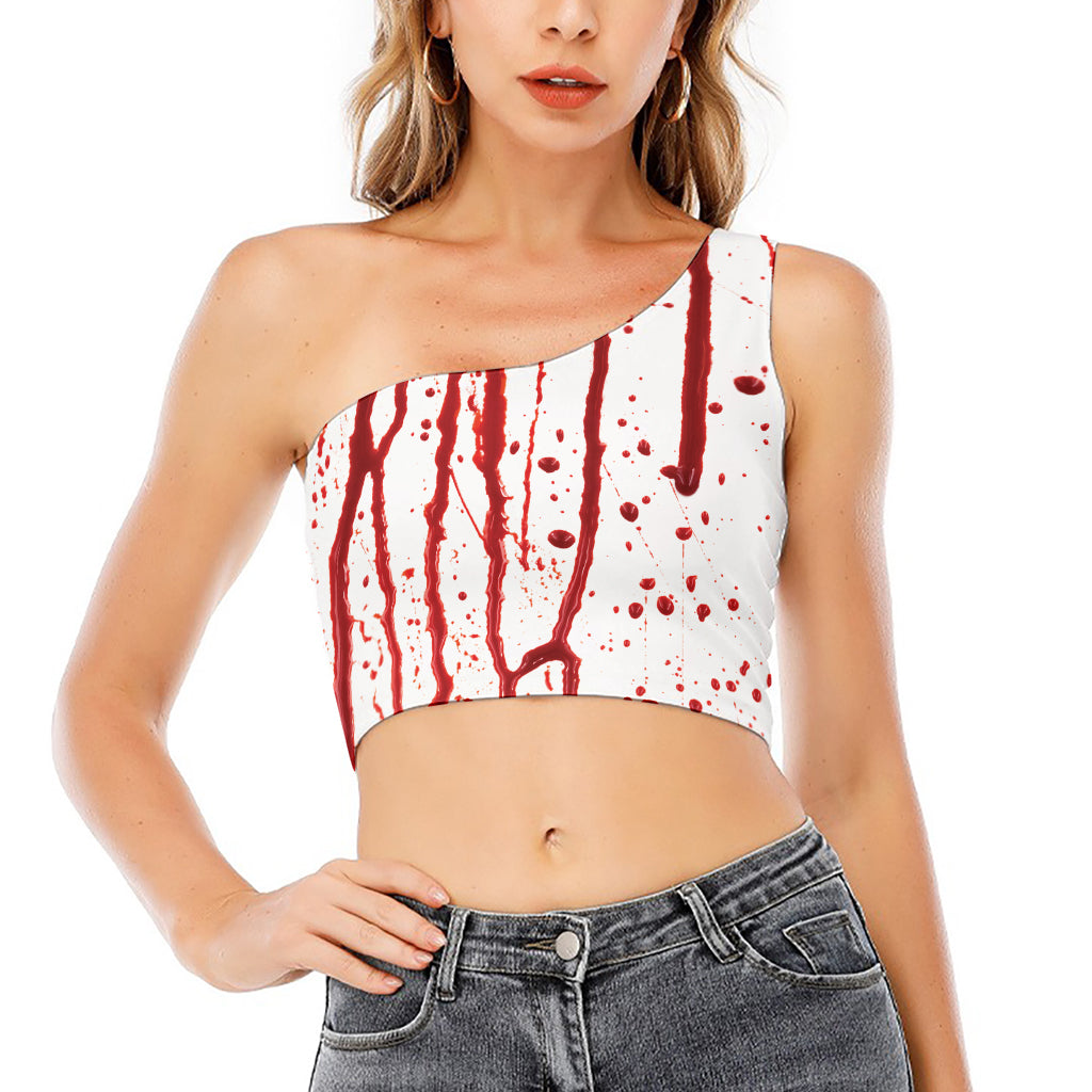 Flowing Red Blood Print One Shoulder Crop Top