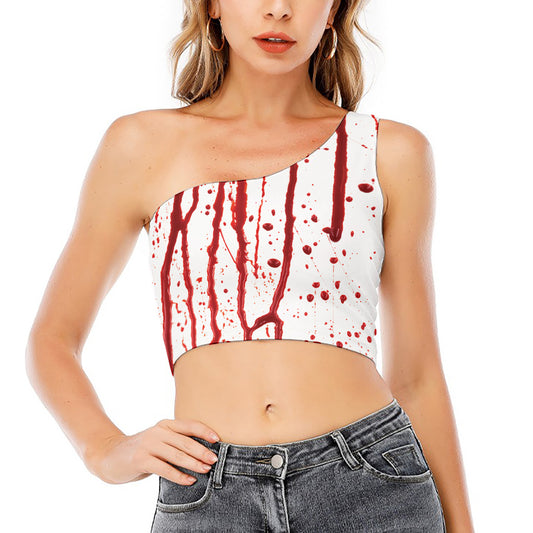 Flowing Red Blood Print One Shoulder Crop Top