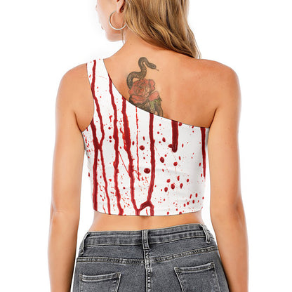 Flowing Red Blood Print One Shoulder Crop Top