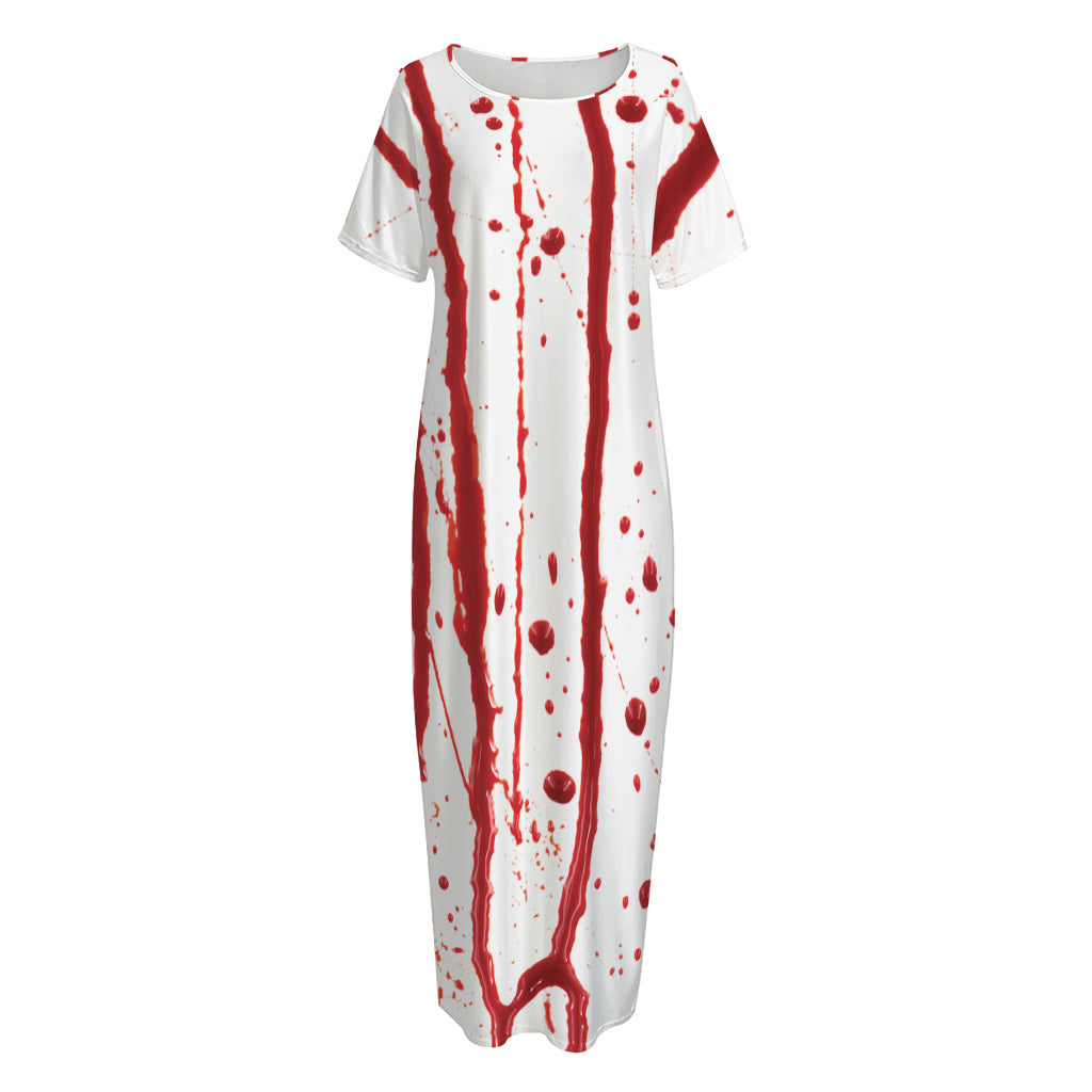 Flowing Red Blood Print Short Sleeve Long Nightdress