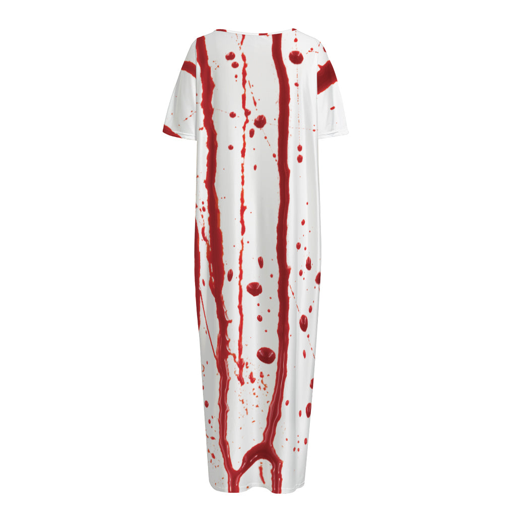 Flowing Red Blood Print Short Sleeve Long Nightdress