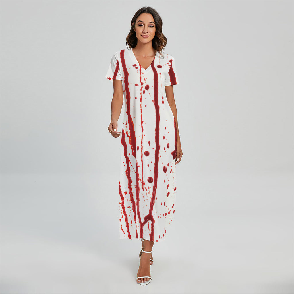 Flowing Red Blood Print Short Sleeve Maxi Dress