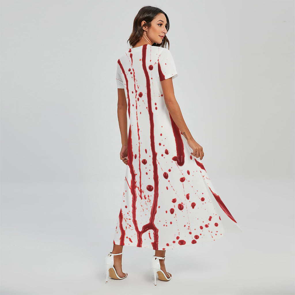 Flowing Red Blood Print Short Sleeve Maxi Dress