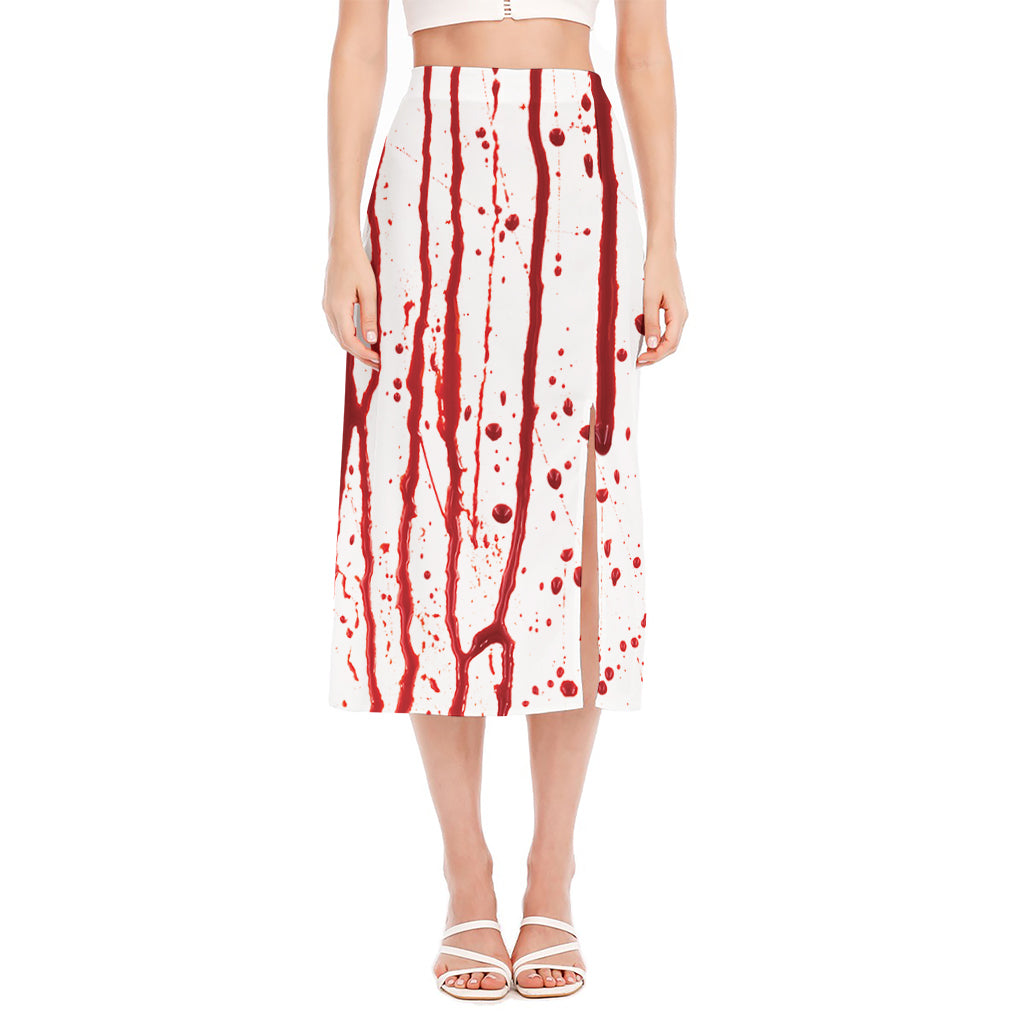 Flowing Red Blood Print Side Slit Midi Skirt