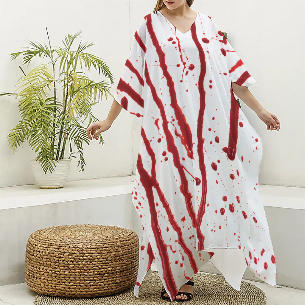 Flowing Red Blood Print Silk V-Neck Kaftan Dress