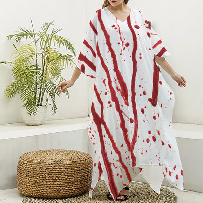 Flowing Red Blood Print Silk V-Neck Kaftan Dress