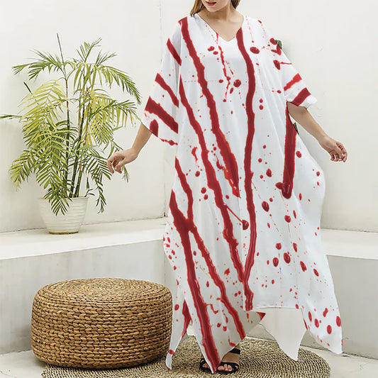 Flowing Red Blood Print Silk V-Neck Kaftan Dress