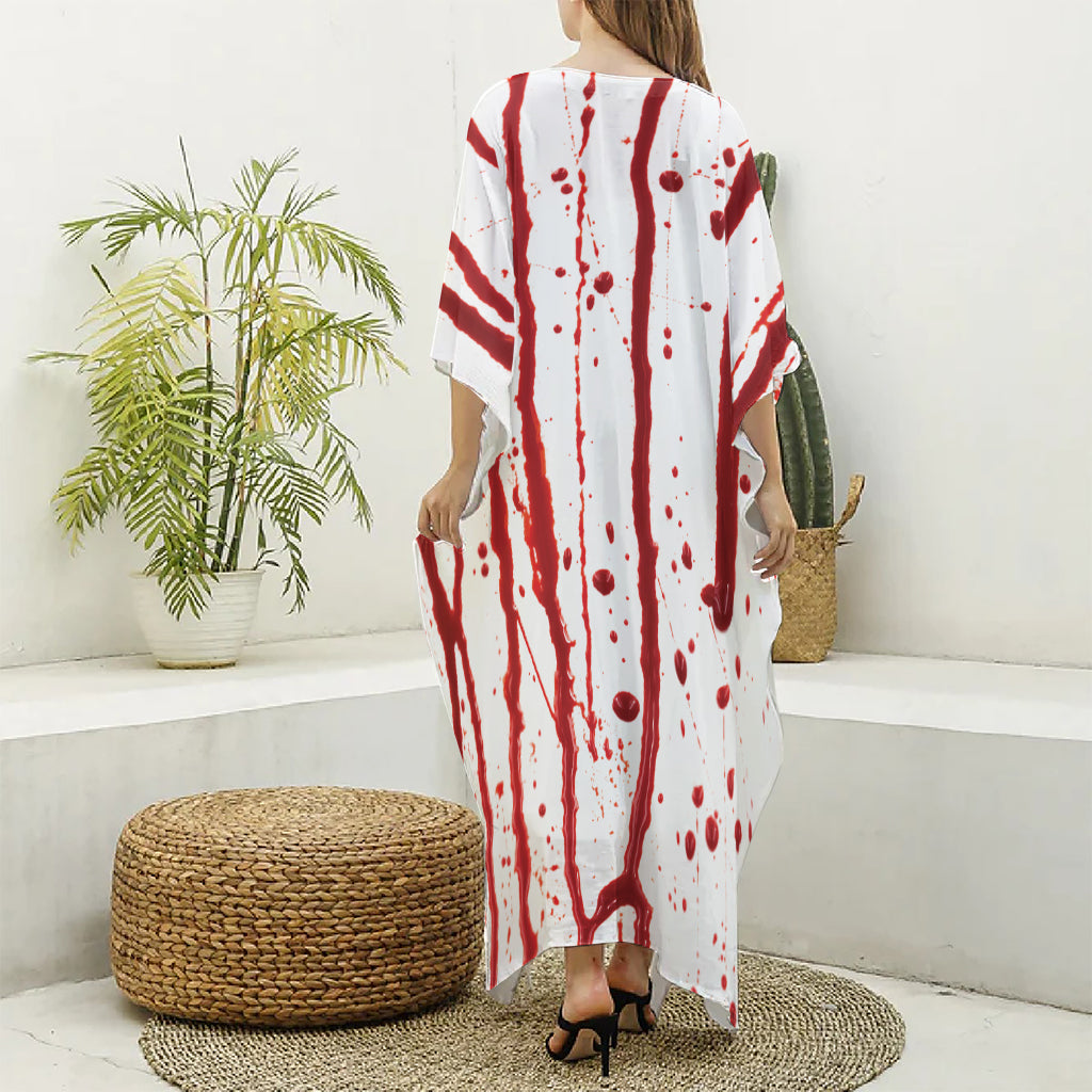Flowing Red Blood Print Silk V-Neck Kaftan Dress