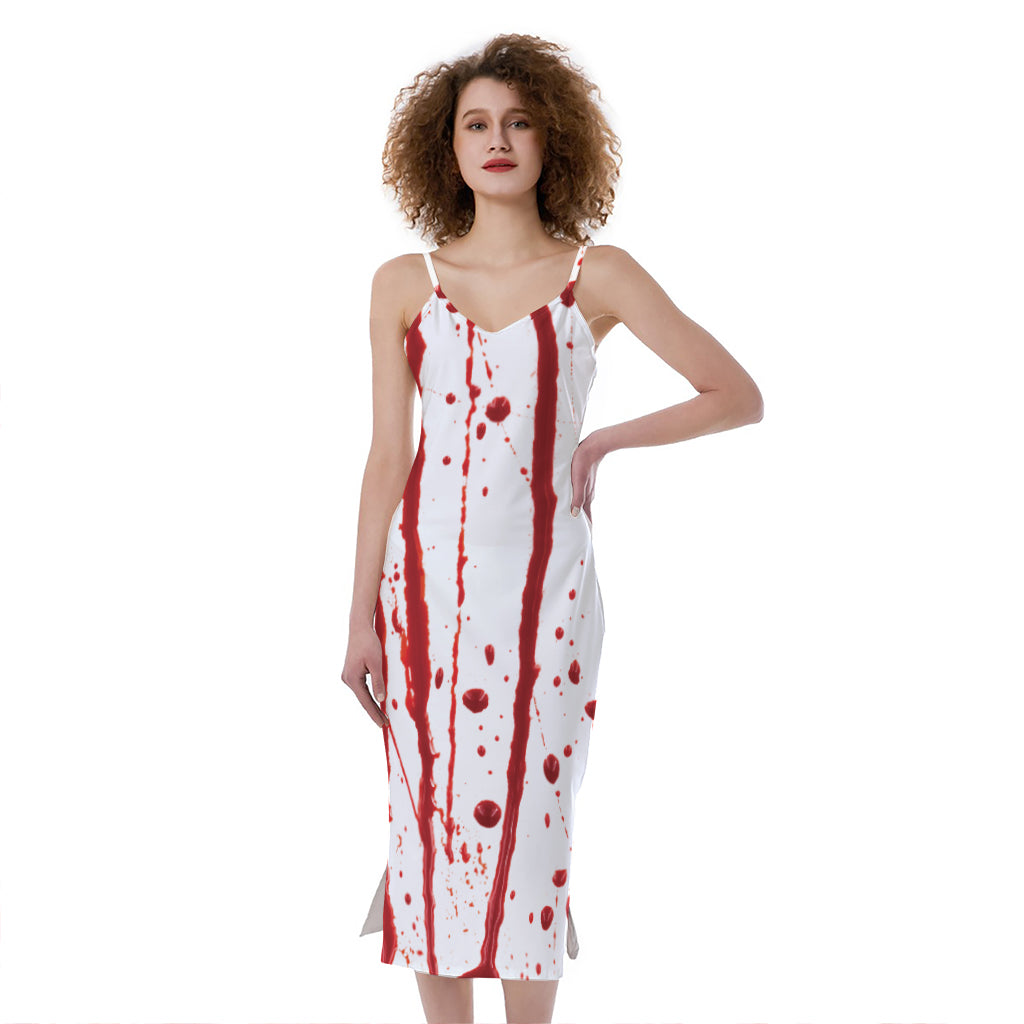 Flowing Red Blood Print Slim Fit Midi Cami Dress