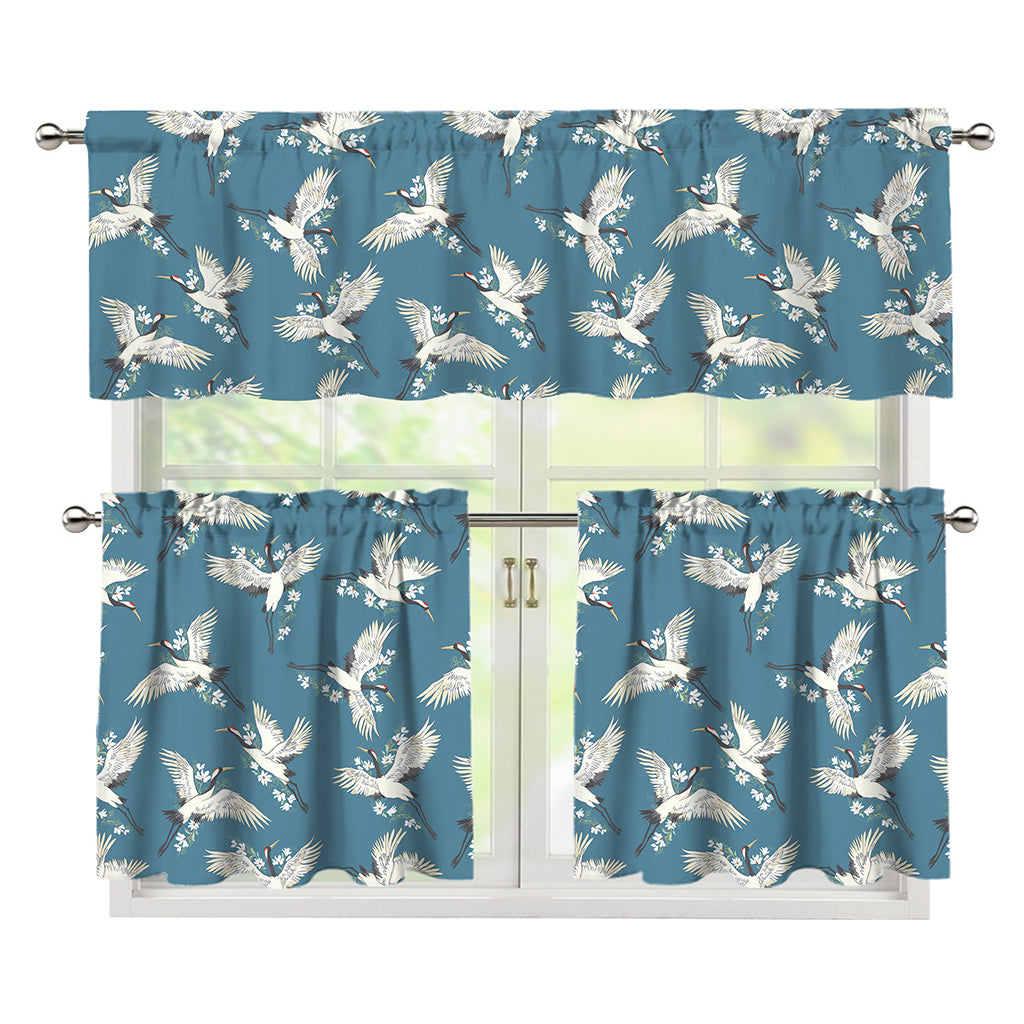 Flying Crane Bird Pattern Print 3 Piece Kitchen Curtains
