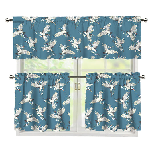 Flying Crane Bird Pattern Print 3 Piece Kitchen Curtains