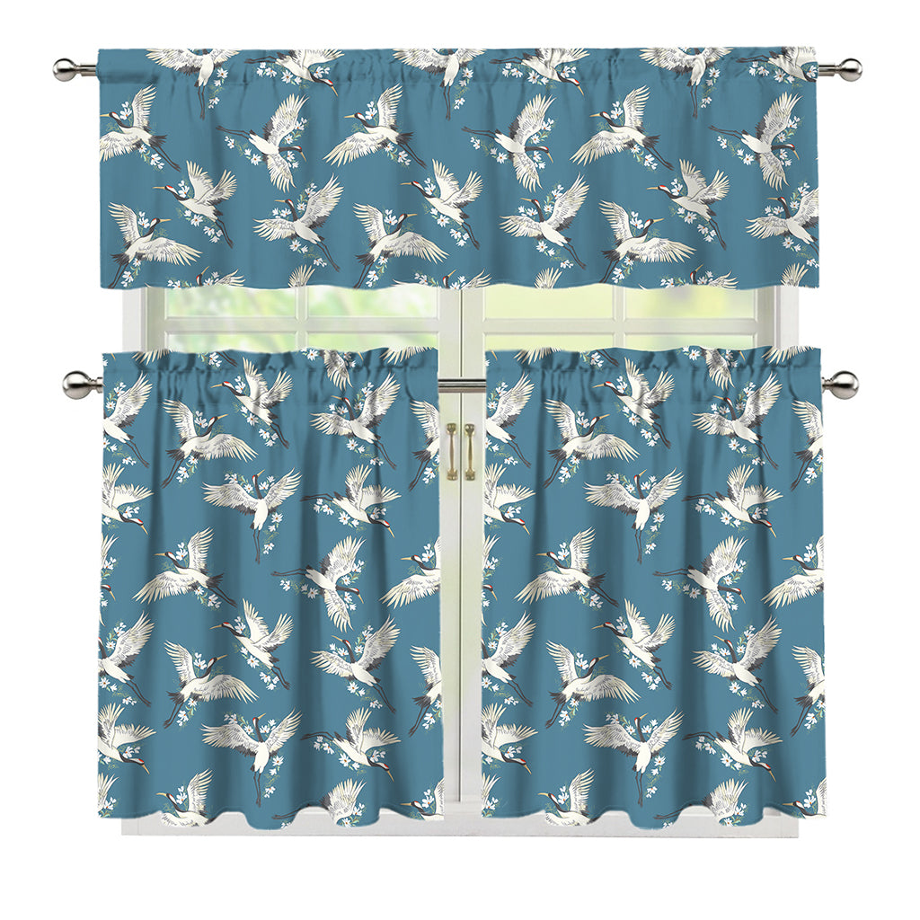 Flying Crane Bird Pattern Print 3 Piece Kitchen Curtains
