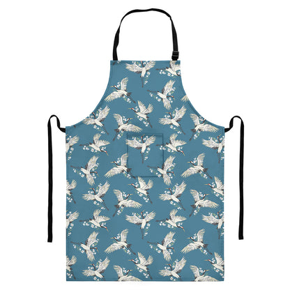 Flying Crane Bird Pattern Print Bib Apron With Pocket