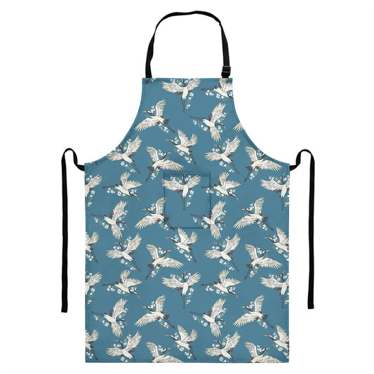 Flying Crane Bird Pattern Print Bib Apron With Pocket