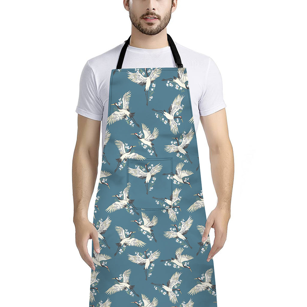 Flying Crane Bird Pattern Print Bib Apron With Pocket