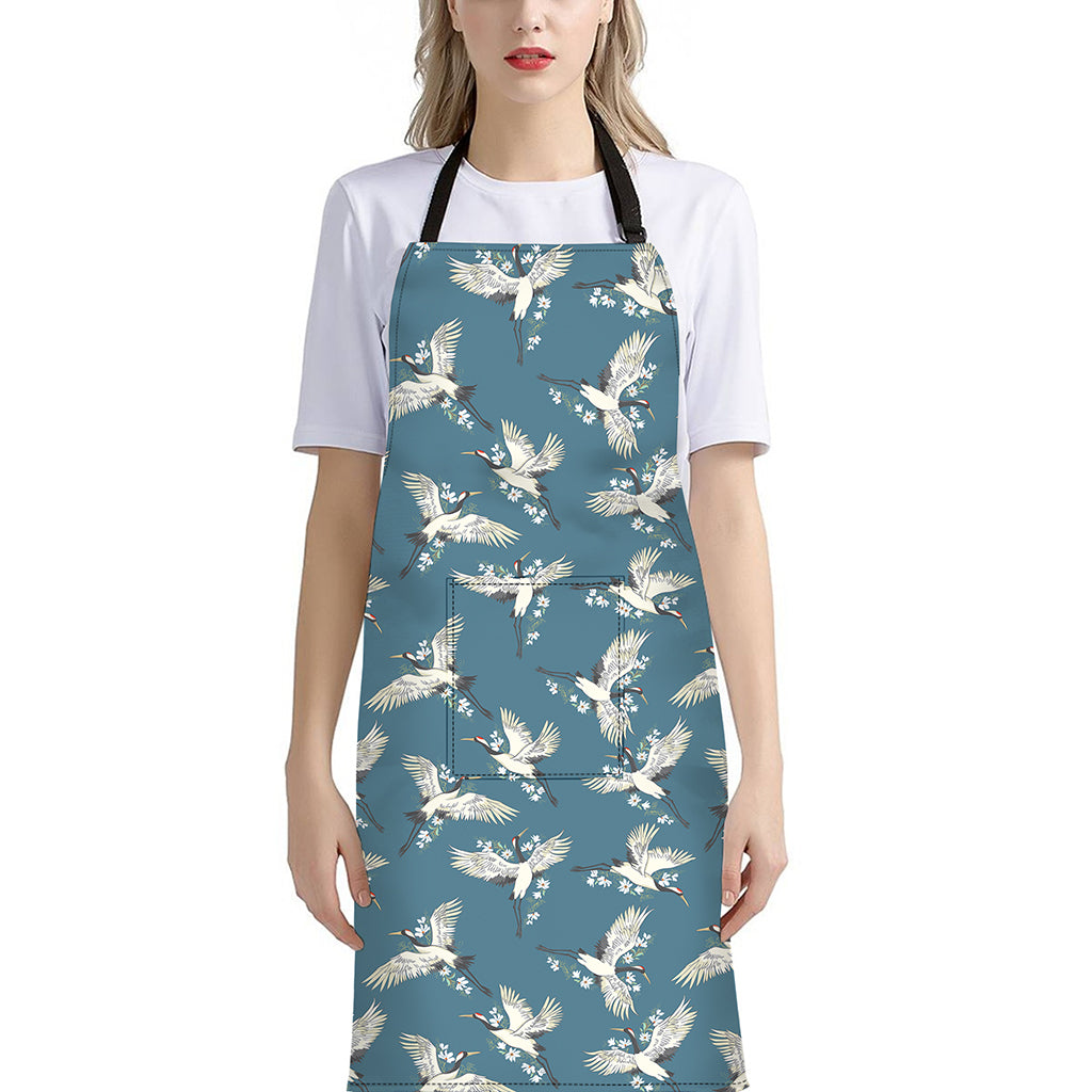 Flying Crane Bird Pattern Print Bib Apron With Pocket