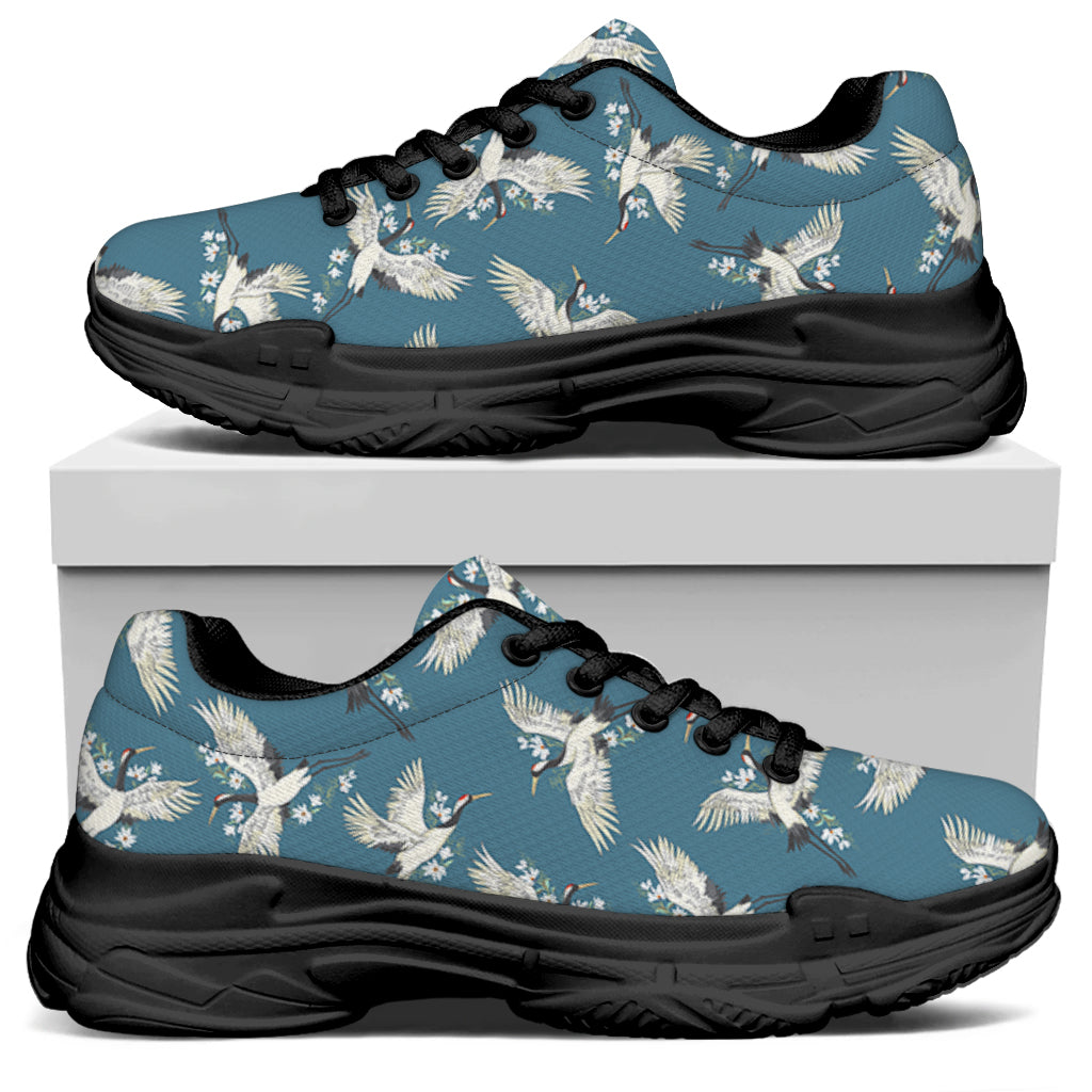 Flying Crane Bird Pattern Print Black Chunky Shoes