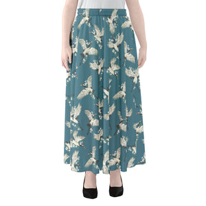 Flying Crane Bird Pattern Print Chiffon Maxi Skirt