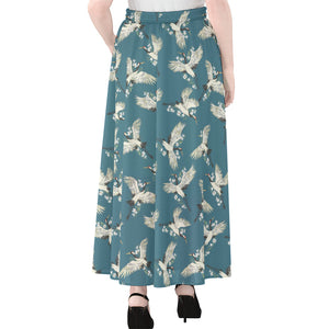 Flying Crane Bird Pattern Print Chiffon Maxi Skirt