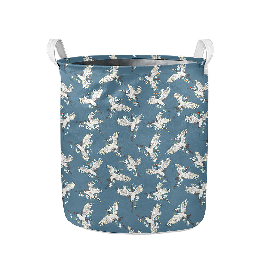 Flying Crane Bird Pattern Print Collapsible Laundry Basket