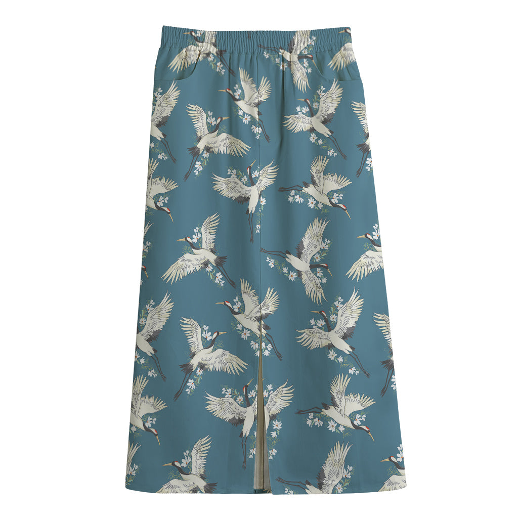 Flying Crane Bird Pattern Print Cotton Front Slit Maxi Skirt