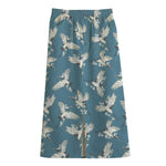 Flying Crane Bird Pattern Print Cotton Front Slit Maxi Skirt