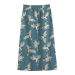 Flying Crane Bird Pattern Print Cotton Front Slit Maxi Skirt