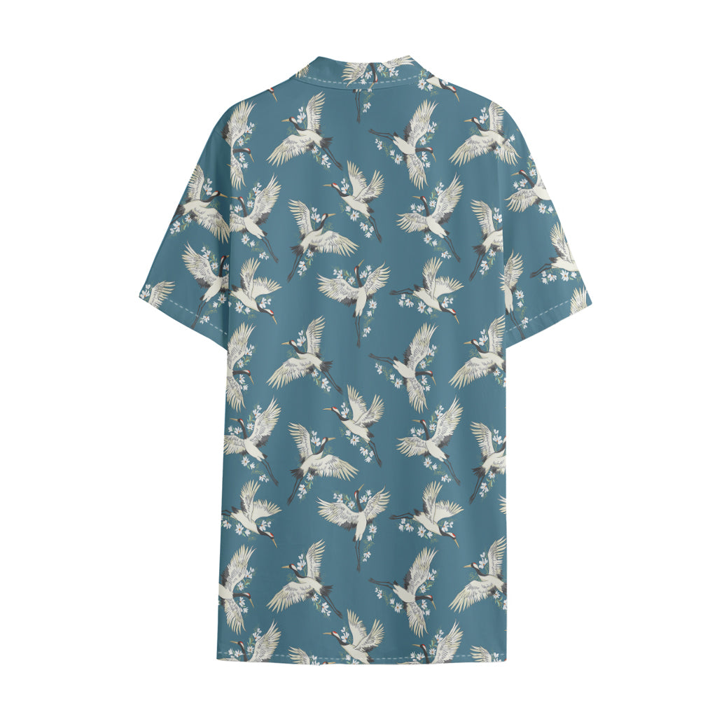 Flying Crane Bird Pattern Print Cotton Hawaiian Shirt