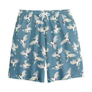 Flying Crane Bird Pattern Print Cotton Shorts