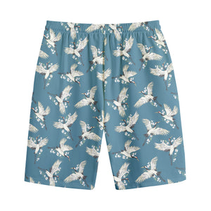 Flying Crane Bird Pattern Print Cotton Shorts