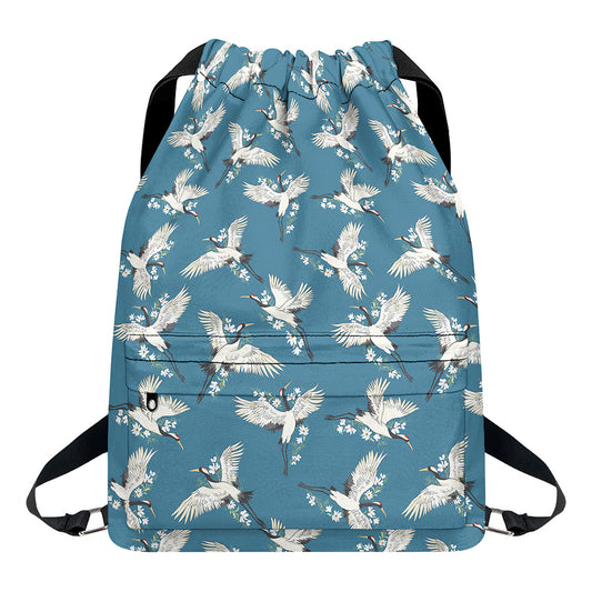 Flying Crane Bird Pattern Print Drawstring Backpack