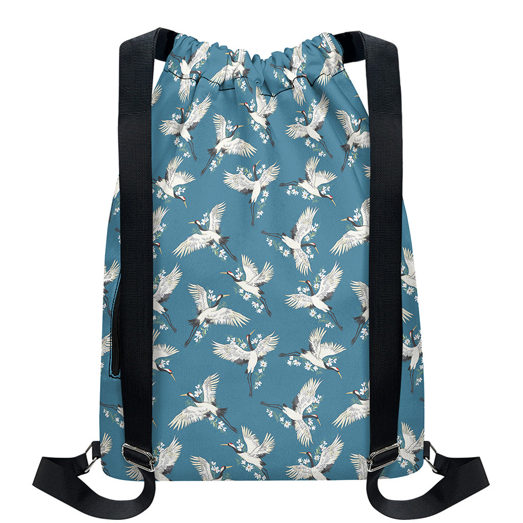Flying Crane Bird Pattern Print Drawstring Backpack