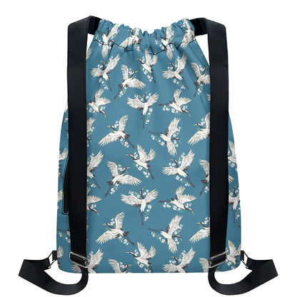 Flying Crane Bird Pattern Print Drawstring Backpack