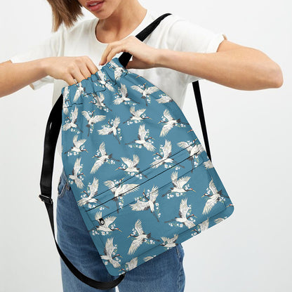 Flying Crane Bird Pattern Print Drawstring Backpack