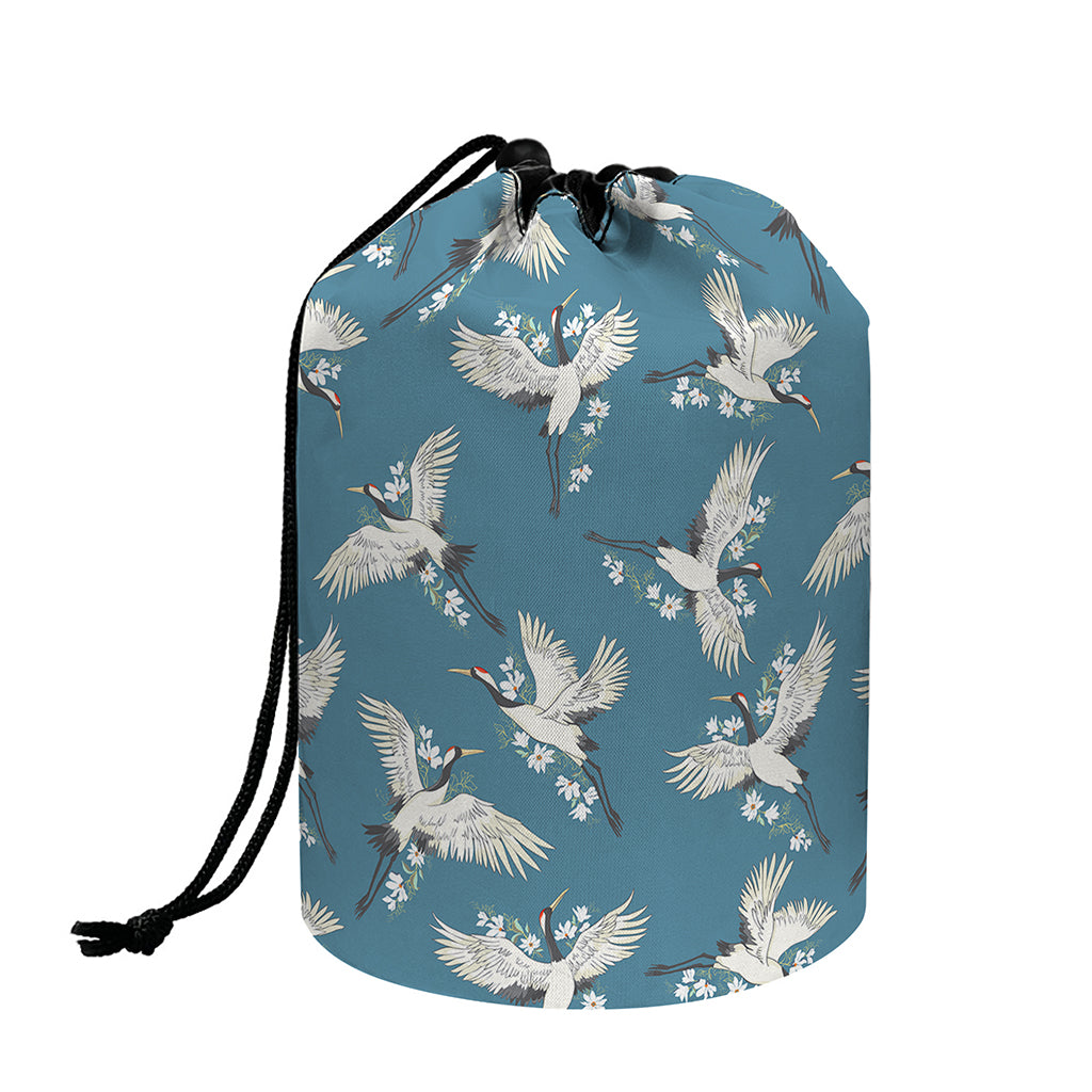 Flying Crane Bird Pattern Print Drawstring Makeup Bag