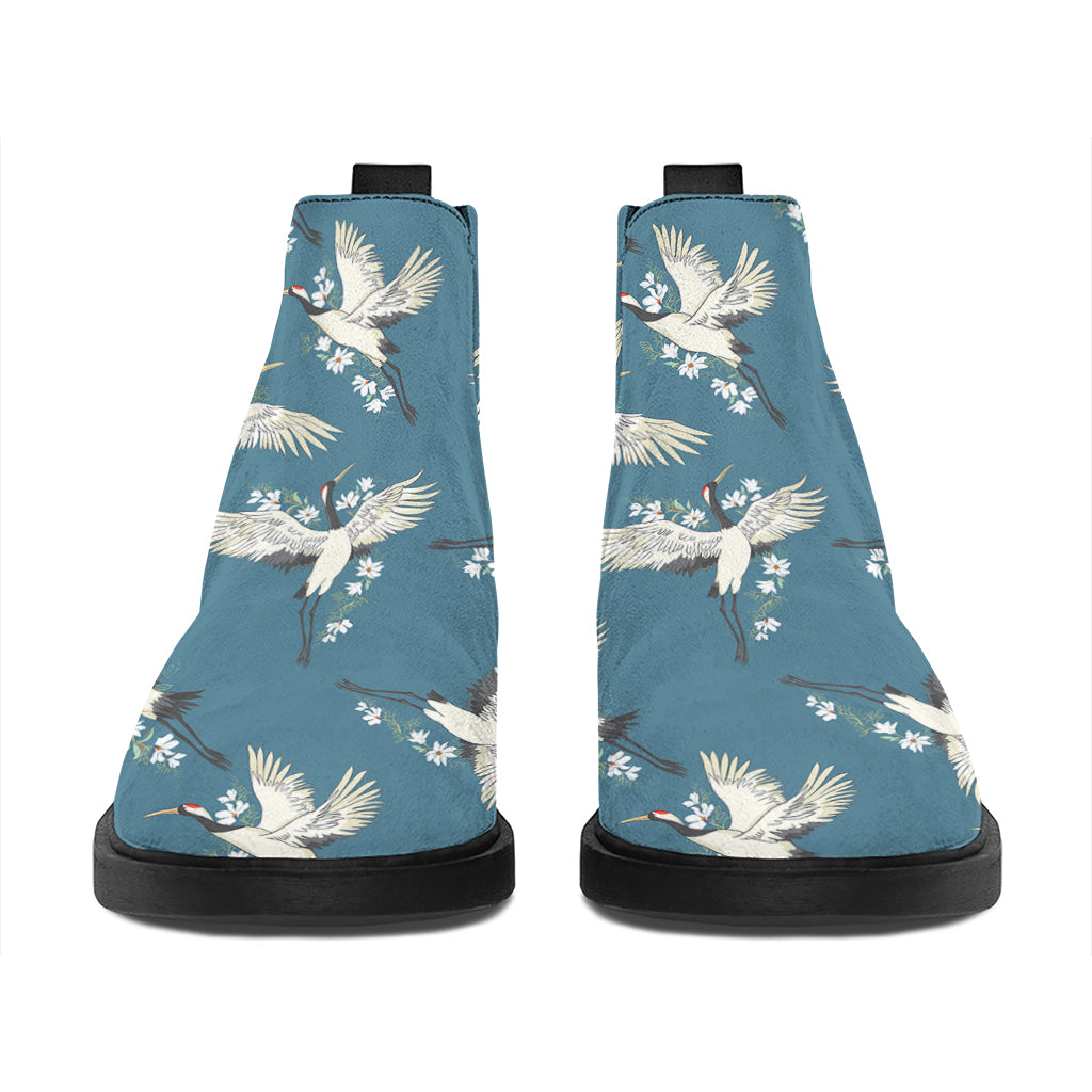 Flying Crane Bird Pattern Print Flat Ankle Boots