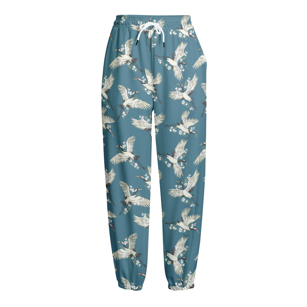 Flying Crane Bird Pattern Print Fleece Lined Knit Pants